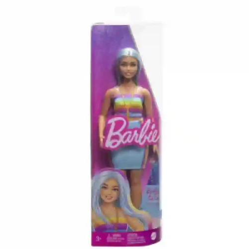 HRH16 Papusa Barbie Fashionista cu parul albastru, bluza curcubeu si fusta de culoare verde-visinie